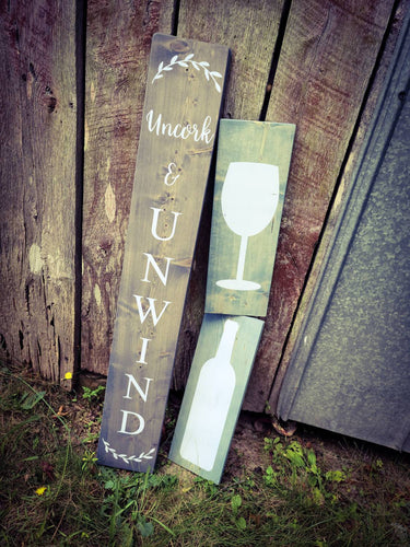 Farmhouse UnCork & Unwind Sign - Wooden Rustic Wine Wineglass Decor, Greetings Welcome Sign, Wineglass - Asst Colors