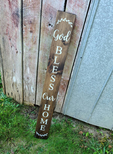 Farmhouse God Bless Our Home Welcome Sign 2/3/4/5 Feet Lengths - Wooden Rustic Decor, Front Door Porch Entryway Vertical Sign - Asst Colors