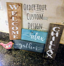 Load image into Gallery viewer, Farmhouse Sign Decor Custom - Wooden Farmhouse Rustic Decor, Asst Colors, Gather, Welcome, Thankful, Blessed
