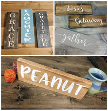 Load image into Gallery viewer, Farmhouse Sign Decor Custom - Wooden Farmhouse Rustic Decor, Asst Colors, Gather, Welcome, Thankful, Blessed
