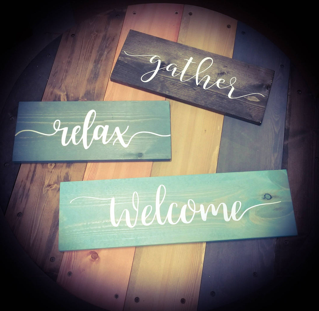 Farmhouse Sign Set - Welcome, Relax, Gather - Wooden Rustic Farmhouse Home Decor, Housewarming Gift, All Rooms