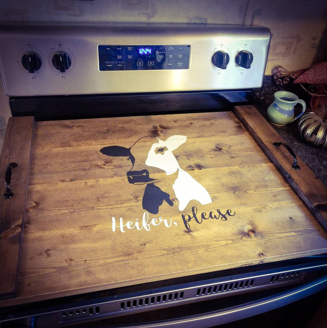 Farmhouse Stove Top Oven Cover Noodle Board, Stove Cover, Serving Tray, Sink Cover - Heifer Please Cow Farmhouse Decor