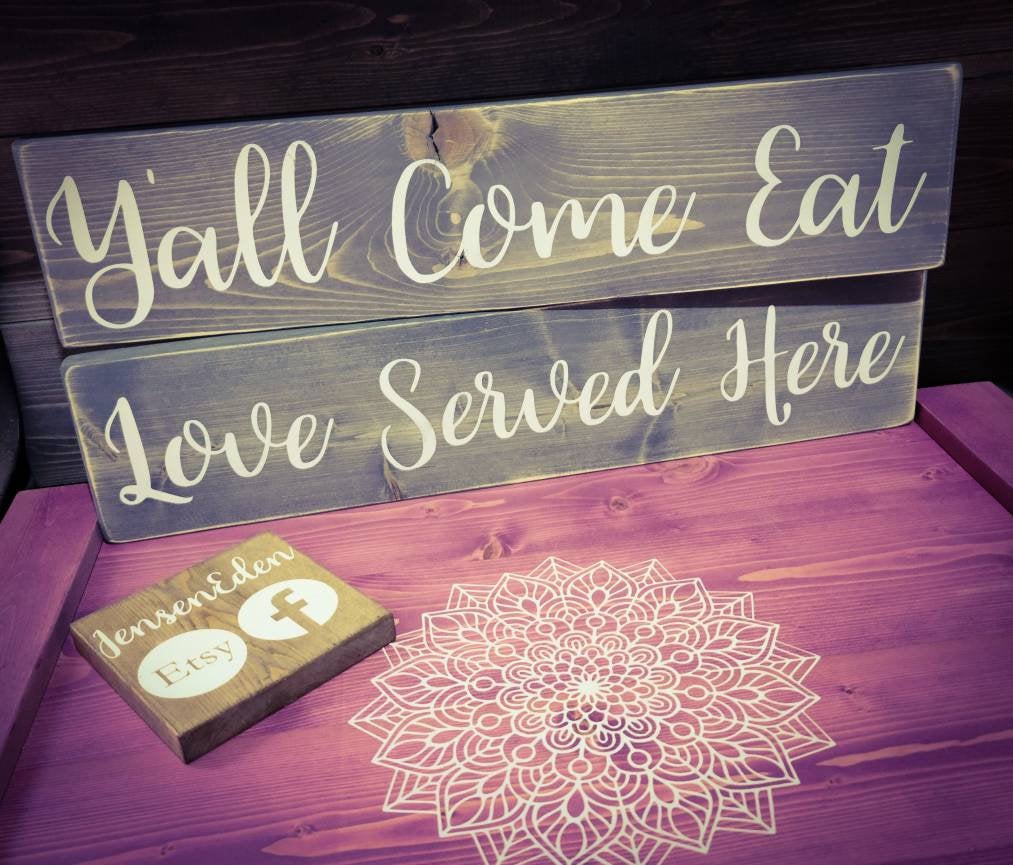 Farmhouse Sign - 2 Foot Wooden Rustic Decor, Kitchen Sign, Love Served Here, Y'all Come Eat - Asst Colors