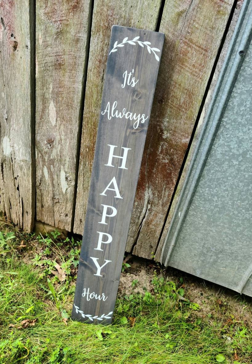 Farmhouse Welcome Greetings It's Always Happy Hour Sign - Wooden Rustic Decor, Front Door Porch Entryway Vertical Welcome Sign