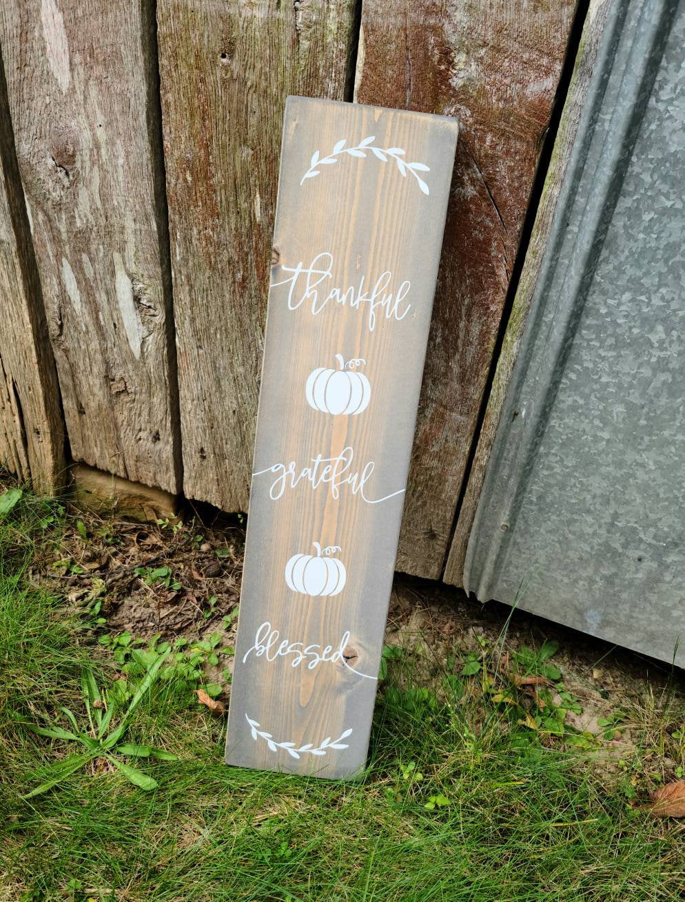 Farmhouse Thankful Grateful Blessed Sign 2/3/4/5 Feet Lengths - Wooden Rustic Decor, Front Door Porch Entryway Vertical Sign - Fall Sign