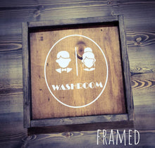 Load image into Gallery viewer, Farmhouse Bathroom Man Woman Sign, Bathroom Decor, Washroom Sign, Rustic Bathroom Decor, Assorted Colors
