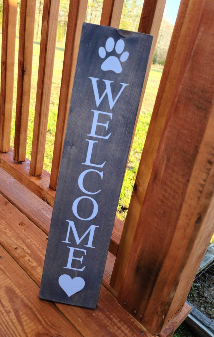 Farmhouse Welcome Sign, 2/3/4/5 Feet Lengths - Wooden Rustic Paw Heart Decor, Front Door Porch Entryway Vertical Welcome Sign - Asst Colors